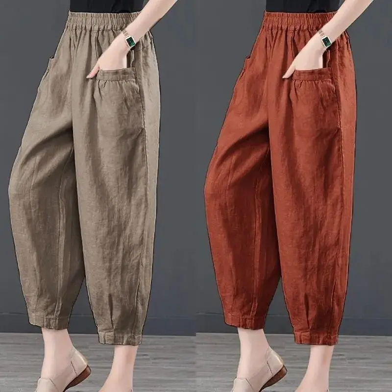 Ice Silk Cotton Linen Pants For Women Spring Summer Elastic High Waist Harlan Pant 2024 New Casual Loose Thin Ankle-Length Pants