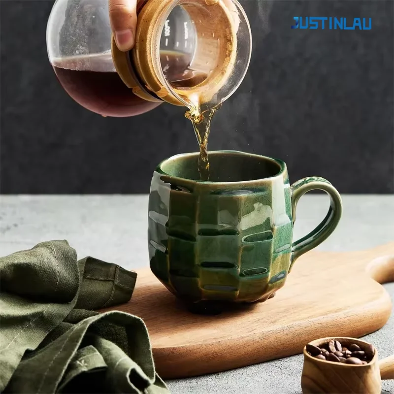 JUSTINLAU Vintage Handmade Ceramic Mug Creative Japanese Couple Coffee Cup Latte Pull Flower Mug Milk Tea Cups Office Water Cups