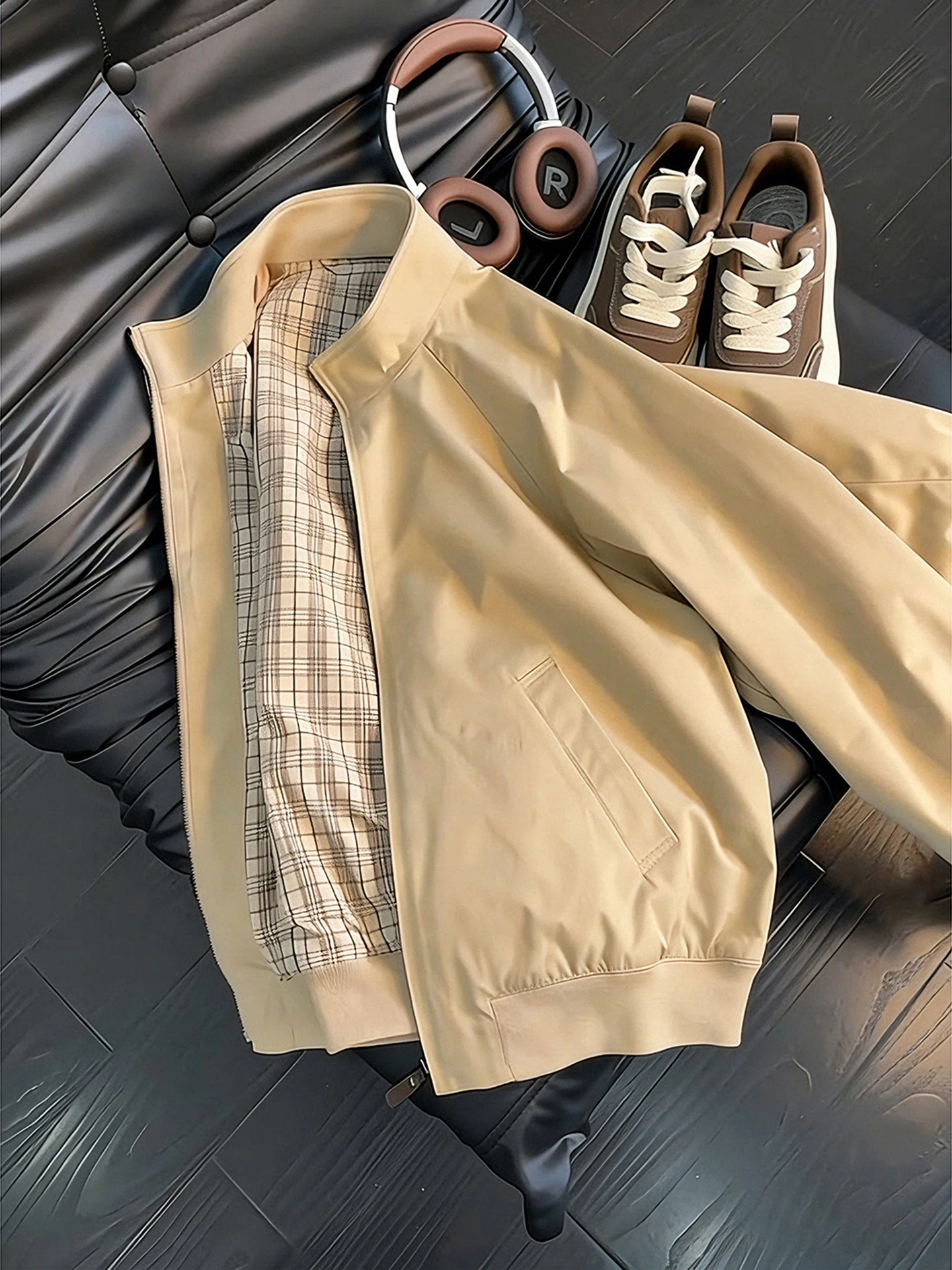 

Ретро-куртка мужская весенняя в клетку цвета хаки, с воротником-стойкой, дышащая, с длинными рукавами, молодежная повседневная верхняя одежда