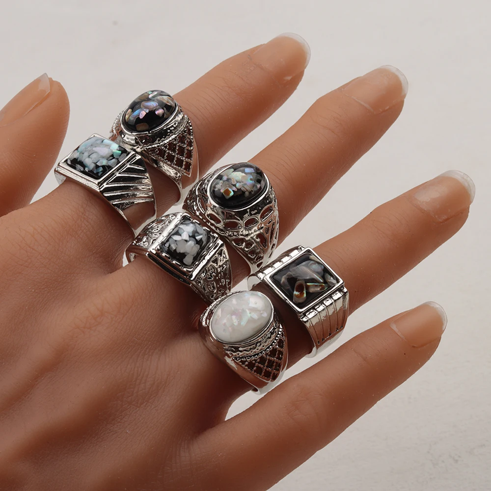 20 Pcs/Lot Imitation Nature Square Oval Cameo Shell Stone Rings for Men Fashion Wholesale Party Jewelry Size 19-23mm