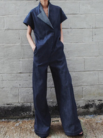 Krisstargirls Womens Wide Leg Jumpsuit Pants 2025 New Summer Blue V-neck Short Sleeves High Waisted One Piece Outfit Women
