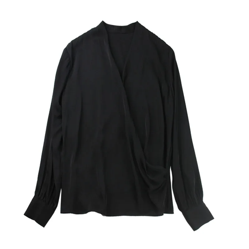 

Luxury Mulberry Silk Long Sleeve Shirt Navy Blue True Color V-neck Blouse Temperament Elegant Atmosphere Noble Business Women