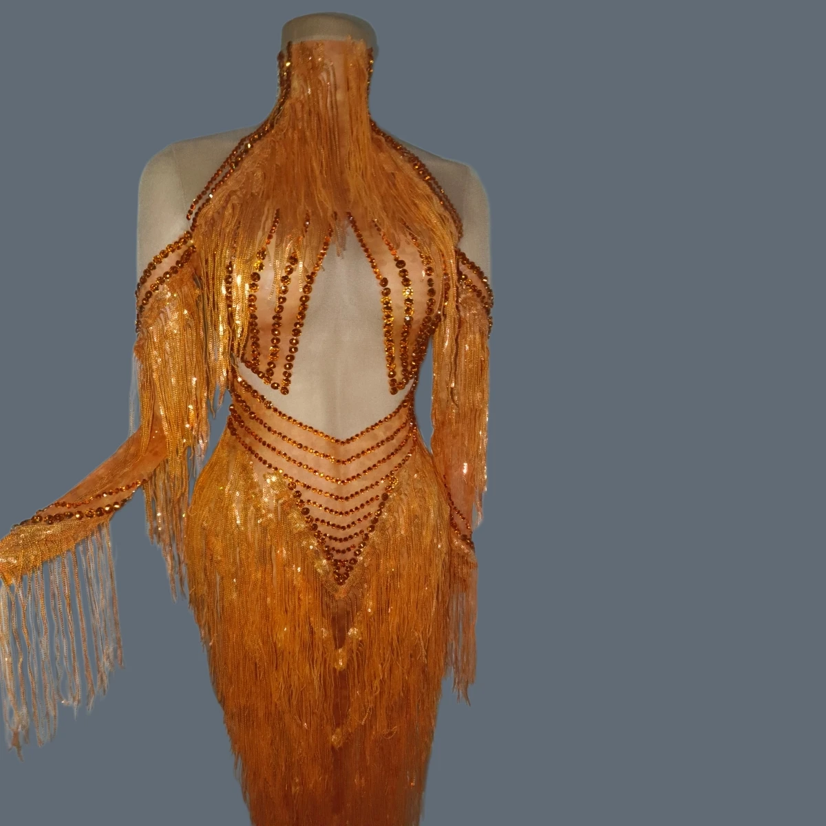 

Orange Sparkly Crystal Fringe Tight Fitting Bodysuit Women Dance Off Shoulder High Neck Nightclub Party Birthday Outfit Chengzi