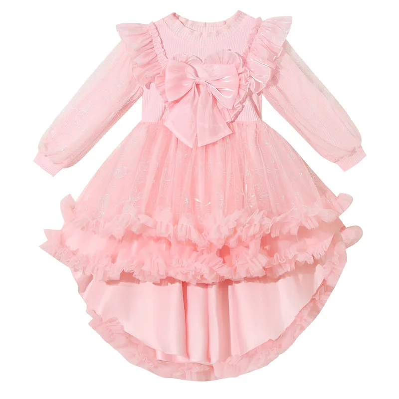 Vestido de fiesta de manga larga para niña, traje de princesa con lazo pequeño, para cumpleaños, otoño e invierno, 2023