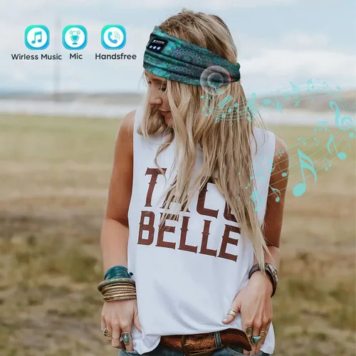 Imagen 2 del producto Auriculares inalámbricos con Bluetooth, diadema de flores, banda para la cabeza deportiva para dormir, auriculares elásticos transpirables para música, micrófono