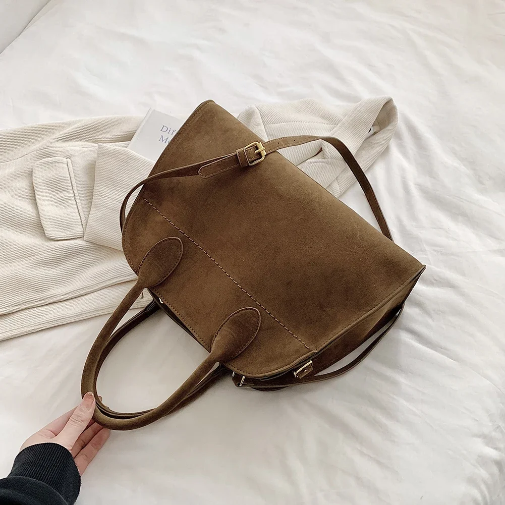 Women Stylish Crossbody Bag Large Capacity Suede Tote Bag Vintage Commuting Bag Solid Color Adjustable Strap Daily Sling Bag