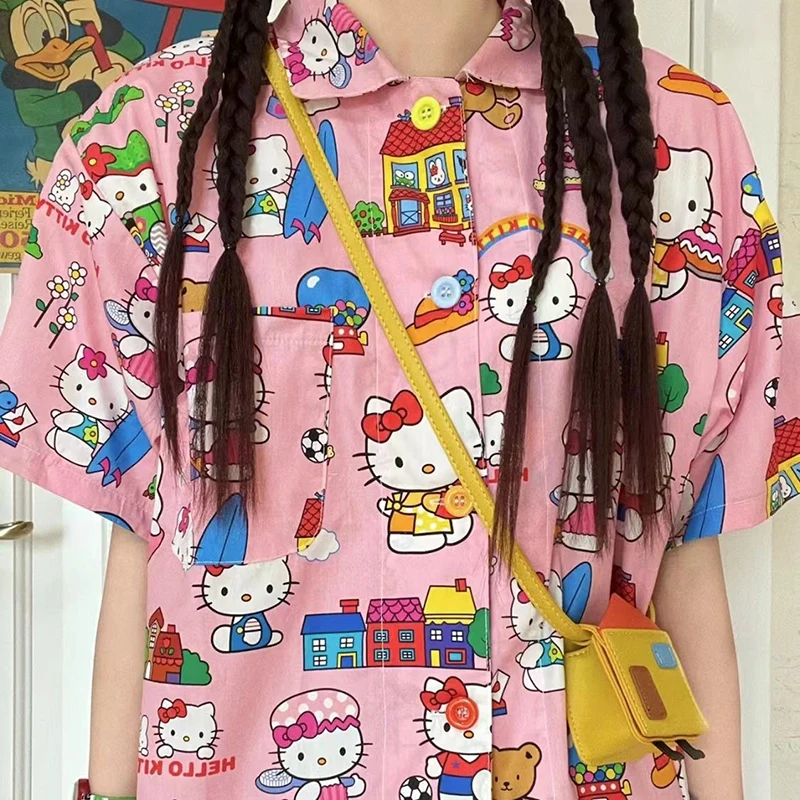 Sanrio Hello Kitty Loose Casual Blouse Y2K Girl New Summer Fashion Printed T Shirts Y2K Cartoon Clothes Top Tees Harajuku Shirt