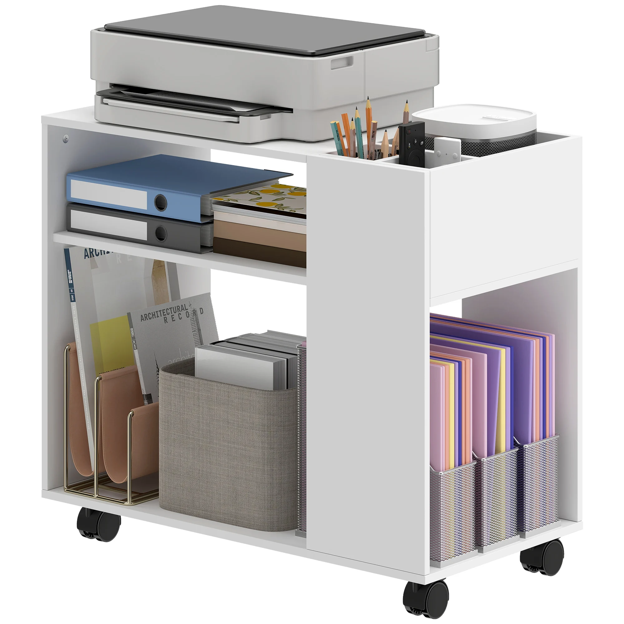 HOMCOM Mueble para Impresora con Ruedas Compartimentos Superiores Estantes Abiertos 70x36x60 cm Blanco