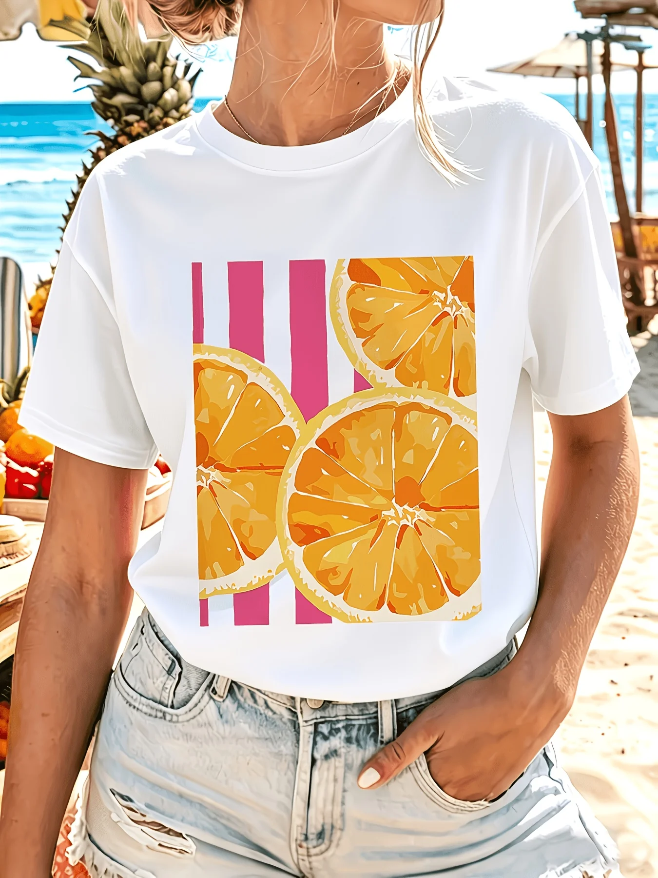 Women'S Summer Round Neck Casual Versatile T-Shirt Orange Fruit and Pink Vertical Stripes Summer Fresh Pattern Print