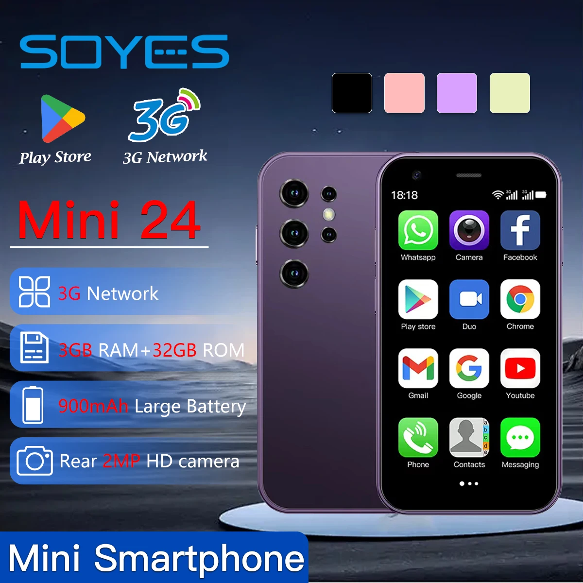 SOYES Mini 24 3.0 بوصة هاتف ذكي بشاشة صغيرة 32 جيجابايت تخزين أندرويد 8.1 نظام نقي يدعم متجر اللعب ثنائي الشريحة وضع الاستعداد المزدوج #4
