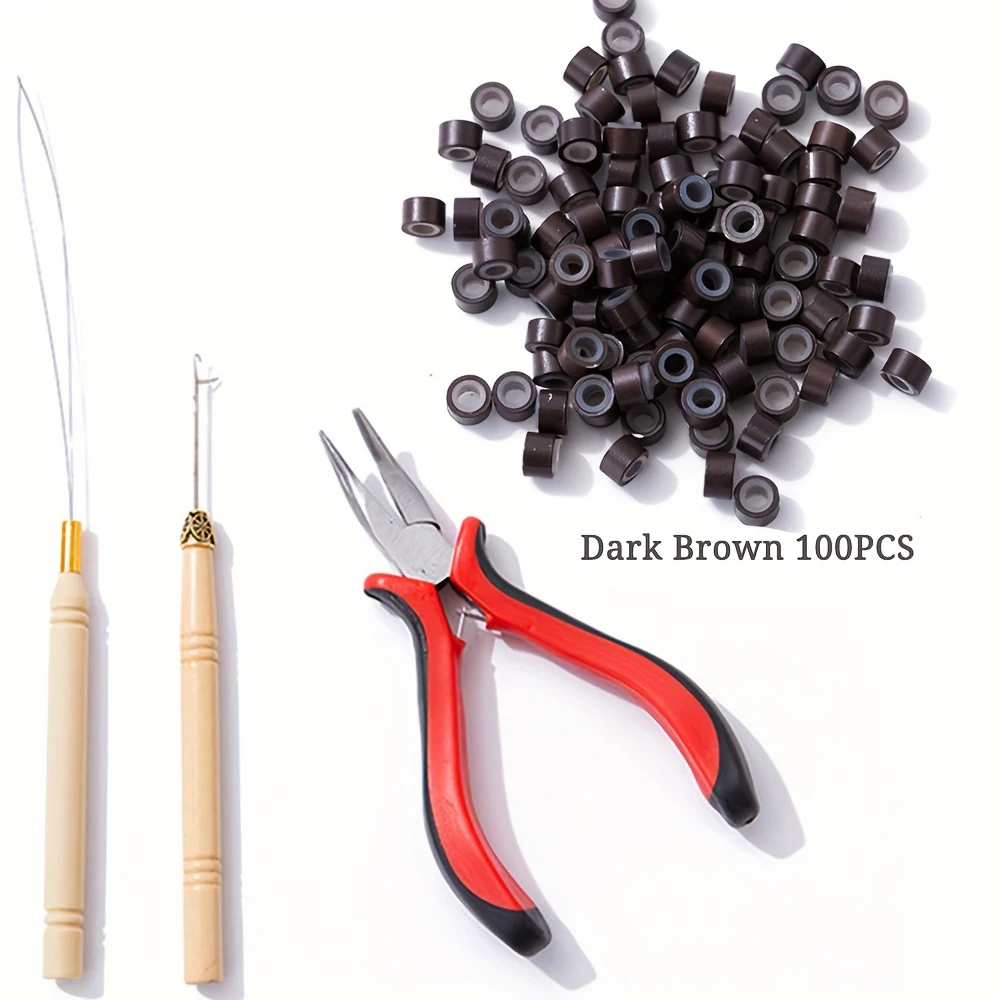 مجموعة أدوات وصلات الشعر I-tip كماشة تمديد الشعر سحب هوك حبة جهاز أدوات و 100 قطعة 5 مللي متر وصلات صغيرة خواتم الخرز