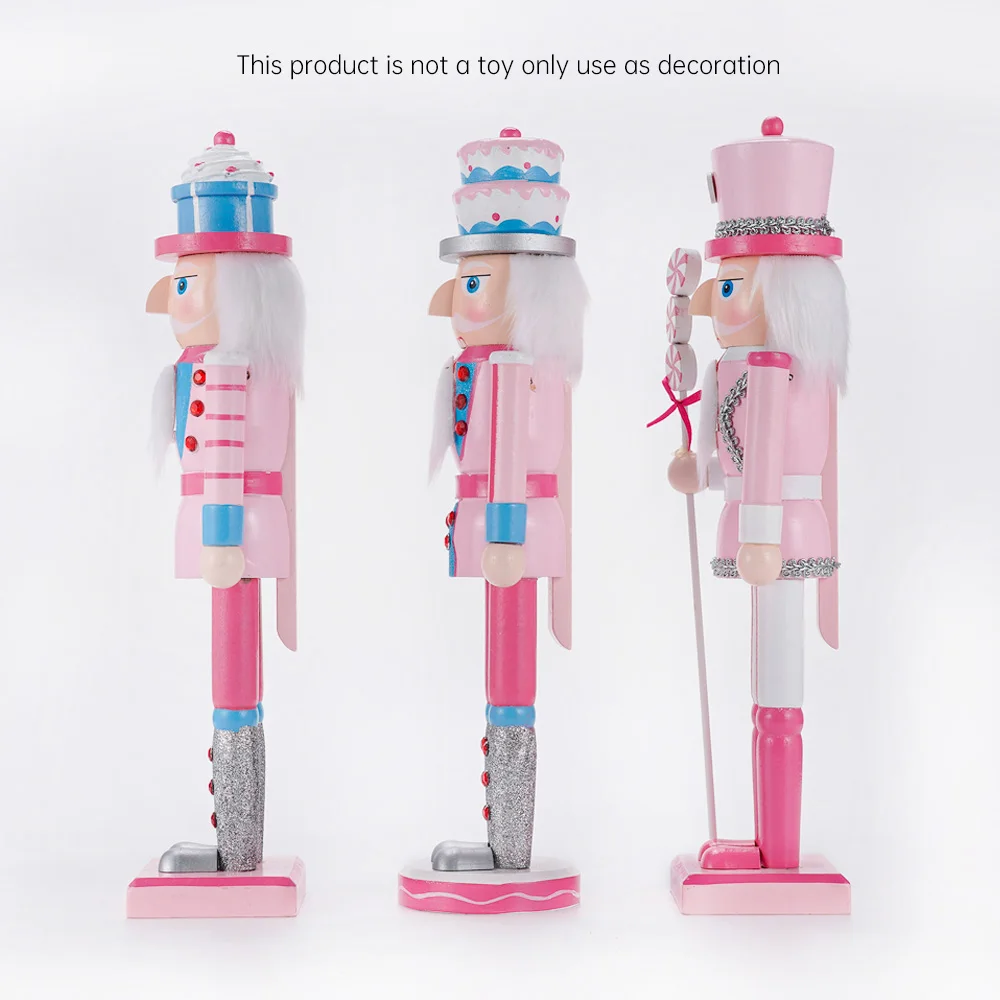 35cm Christmas Pink Nutcracker Wooden Soldier Doll Creative Handicraft Puppet Figures New Year Gift Home Ornaments Desktop Decor