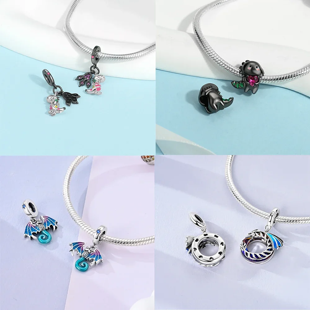 Dijes de la serie Dragon, colgante de plata 925 con pterosaurio, tiranosaurio, camaleón, compatible con Pulsera Original, fabricación de joyería DIY