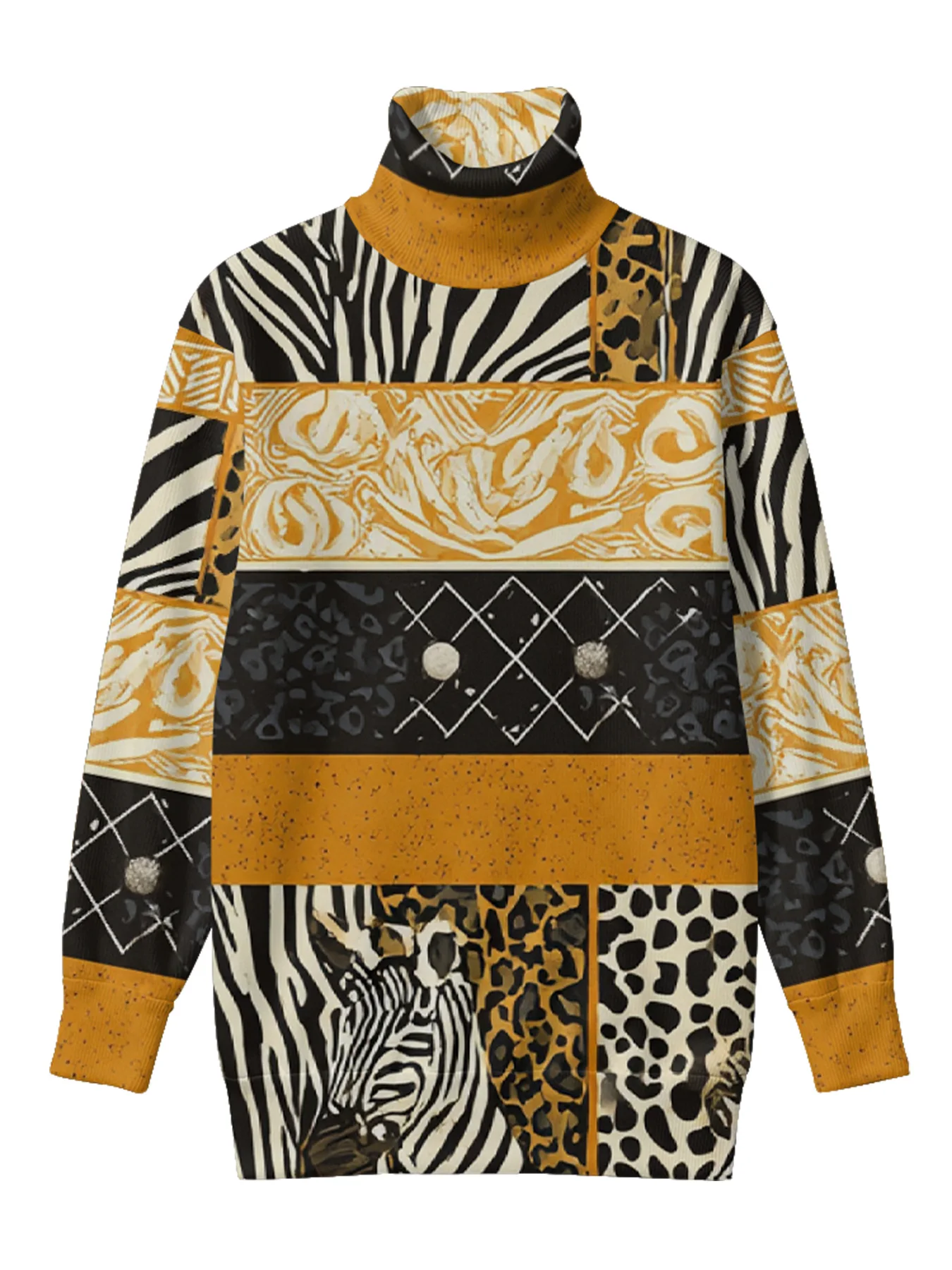 Trendy Multi-Animal Zebra Leopard Fusion Turtleneck Printed Sweater Ethnic Patchwork Wilderness Textured Cultural Winter Fashion