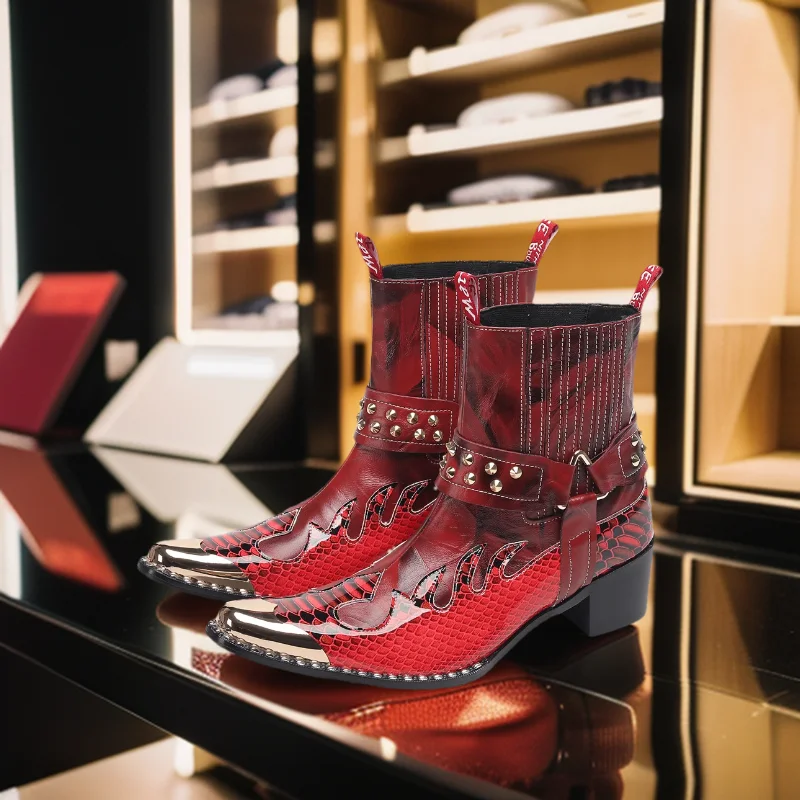 Herren-Designer-Stiefeletten aus echtem Leder mit Metallspitze, Nieten-Dekor und Print, Übergrößen, Cowboy-Motorrad-Schuhe für Business – Detail 23