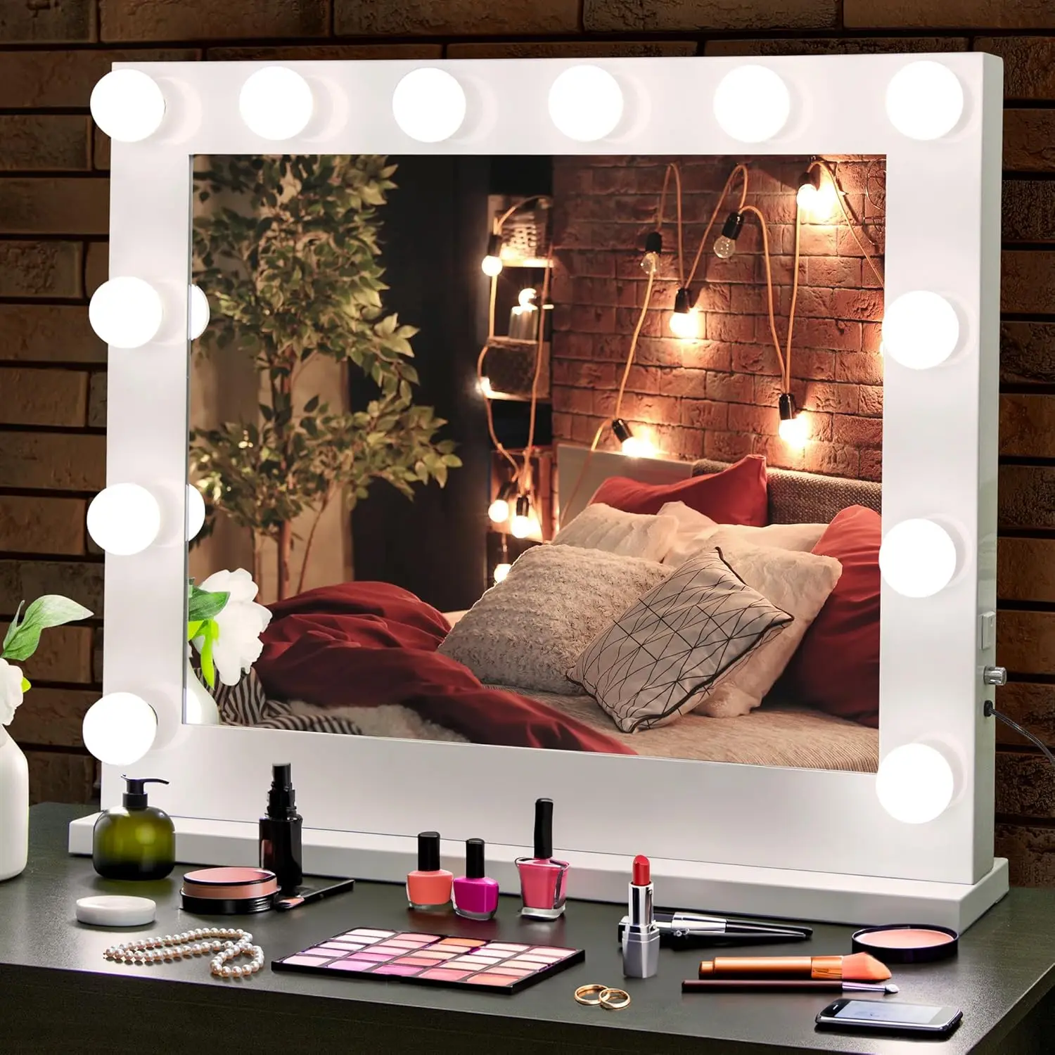 

Makeup Vanity Mirror with Lights, Tabletop LED Hollywood Mirror with 12 Dimmable Bulbs and Charging Port, 3 Color Modes