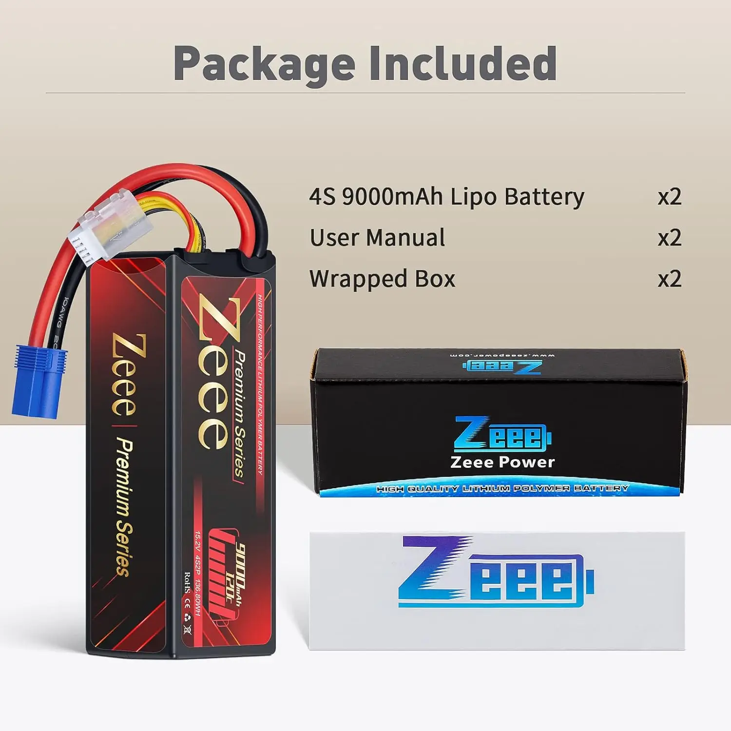 1/2pcs Zeee 2S 3S 4S 9000mAh HV Lipo Battery 7.6V 11.4V 15.2V 120C Hardcase with EC5 Plug for RC Car Racing Model-Premium Series