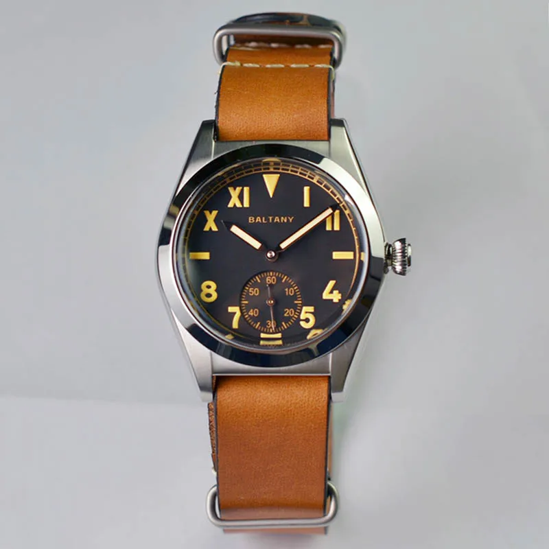 Baltany فستان عتيق ساعة 36 مللي متر فقاعة الظهر 200 متر مقاوم للماء الياقوت السويسري مضيئة جلدية الفولاذ المقاوم للصدأ ساعات المعصم الرجعية
