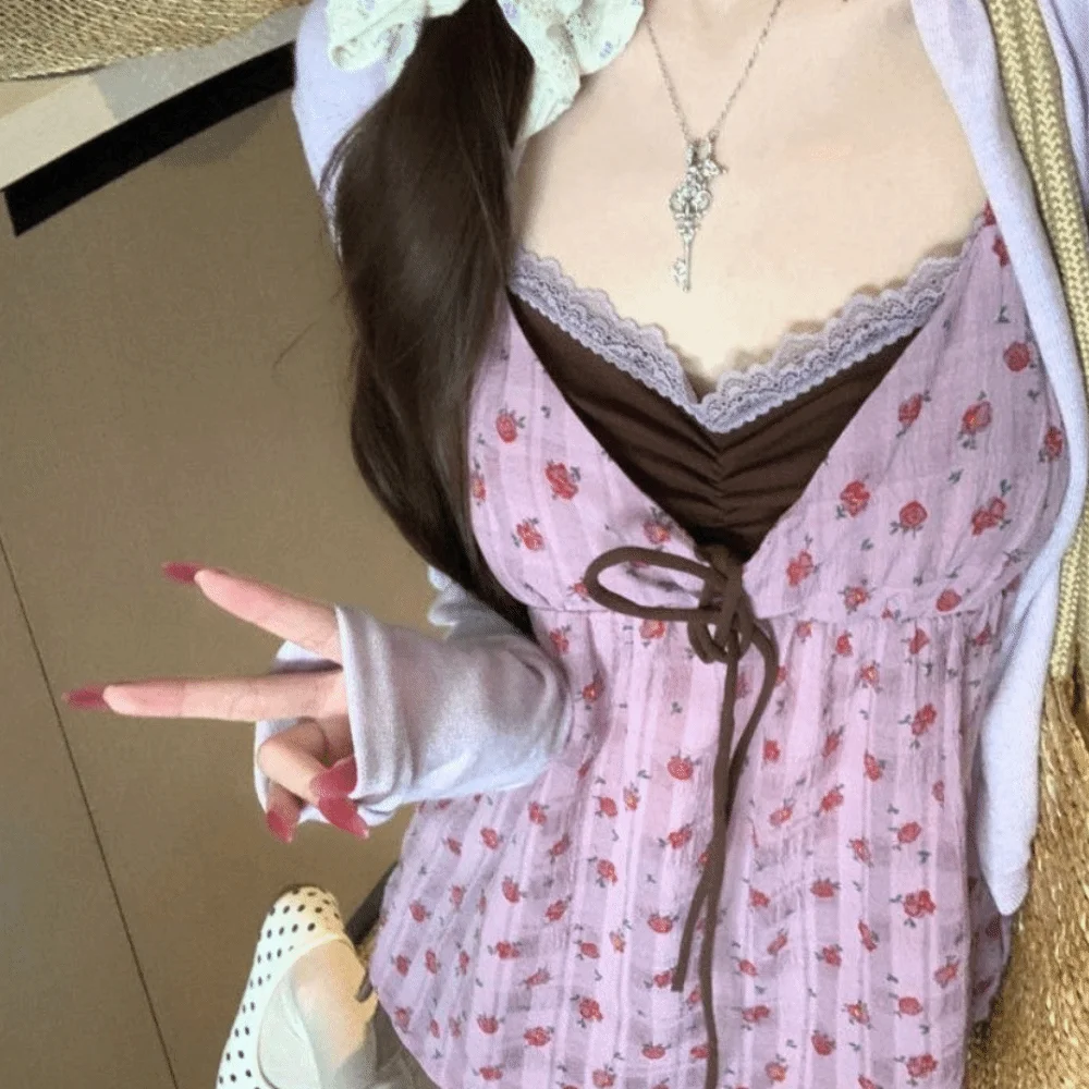 Neues Blumenmuster-Top mit Spitzenbesatz, Rückenfreies Crop-Top, Damen-Trägertop, Sommer-Outfit für Frauen – Detail 8