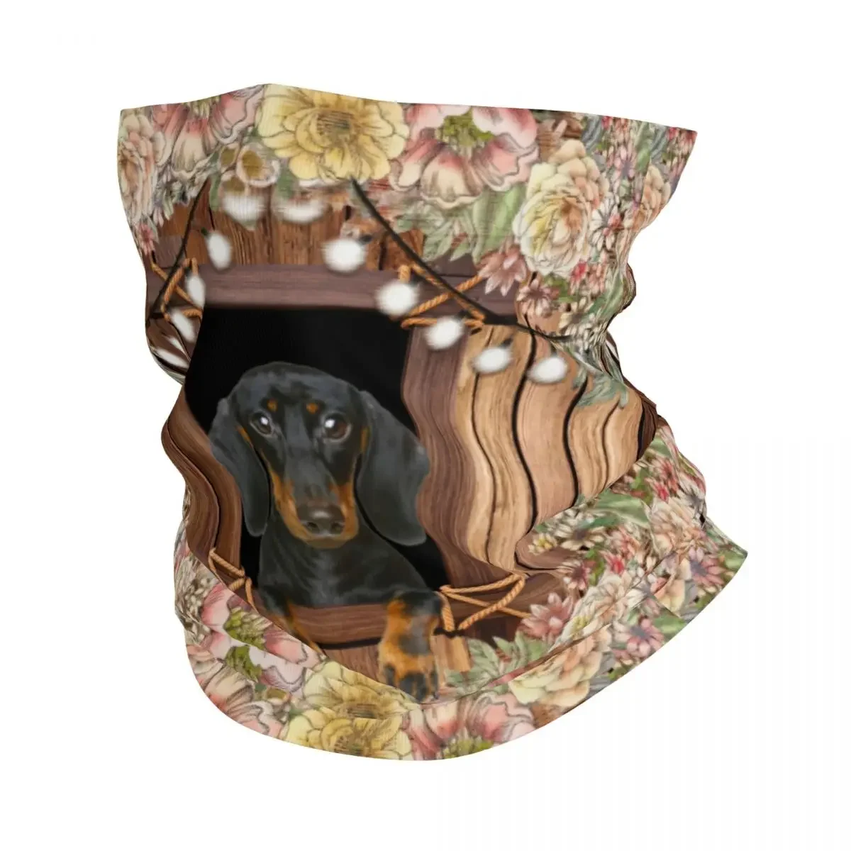 Dachshund Dog And Floral Pattern Bandana Neck Gaiter for Hiking Hunting Wrap Scarf Badger Sausage Wiener Headband Warmer