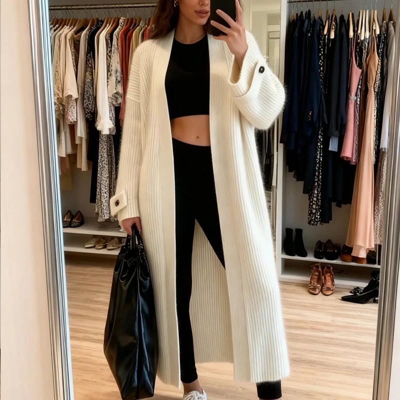 المرأة طويلة الأكمام سترة مشغولة من الصوف سترة 2025 الخريف الشتاء معاطف الموضة بلون المتضخم زر طويل جاكيتات الملابس