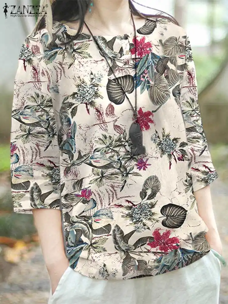 ZANZEA Holiday Cotton Floral Print Blouses Casual Loose 3/4 Sleeve Women Rond Neck Shirts 2023 Summer Everyday Tunic Tops Blusas