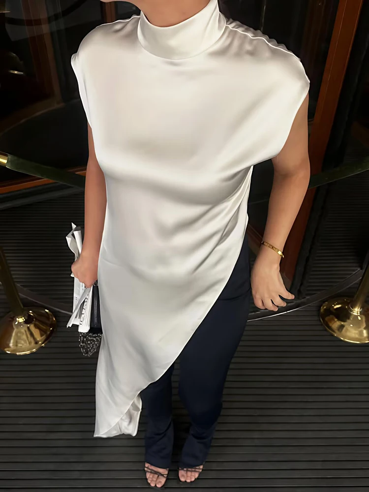 XIAOTANG Abito lungo sexy senza maniche irregolare per le donne Moda elegante dolcevita in raso solido Abiti lunghi slim Donna 2025