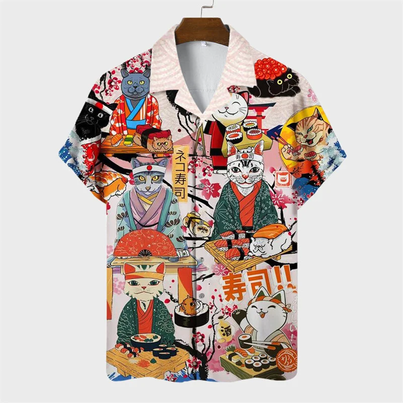 Fashion 3d Printed Cartoon Cat Hawaiian Shirt For Men Summer Vacation Button Down Lapel Shirts Cool Street Short Sleeve Blouse