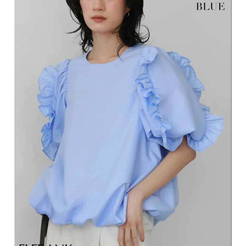 Japan Style Spliced Ruffles Shirts & Blouses Short Sleeve Blusas Round Neck Camisas Loose Casual Ropa Mujer Summer 2024 Tops