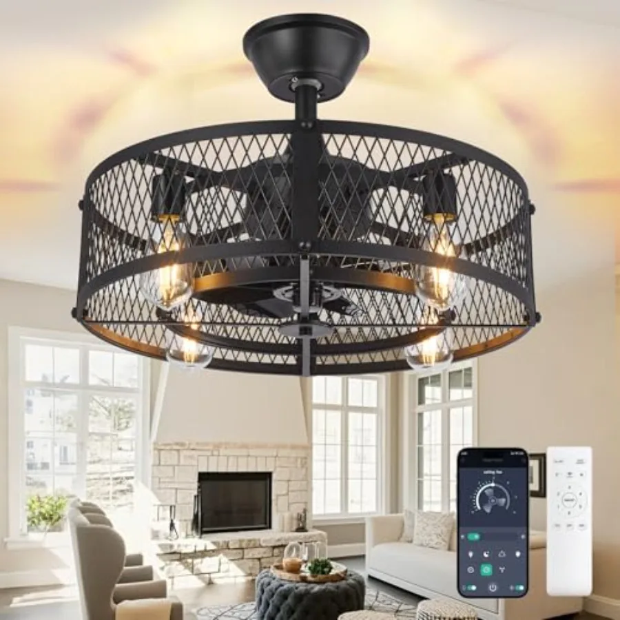 

DLLT Caged Ceilg Fan with Light: " Farmhouse Fandelier with Lights and Remote and APP - Black Rustic Semi Flush Mount Bladeless