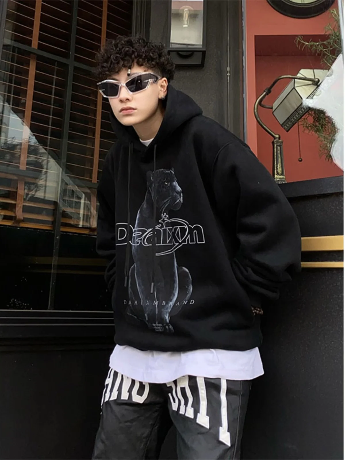 

DAAIXM23fw American Street Original Black Panther Printed Hooded Sweater Trendy Loose Versatile Autumn and Winter Fleece Jacket