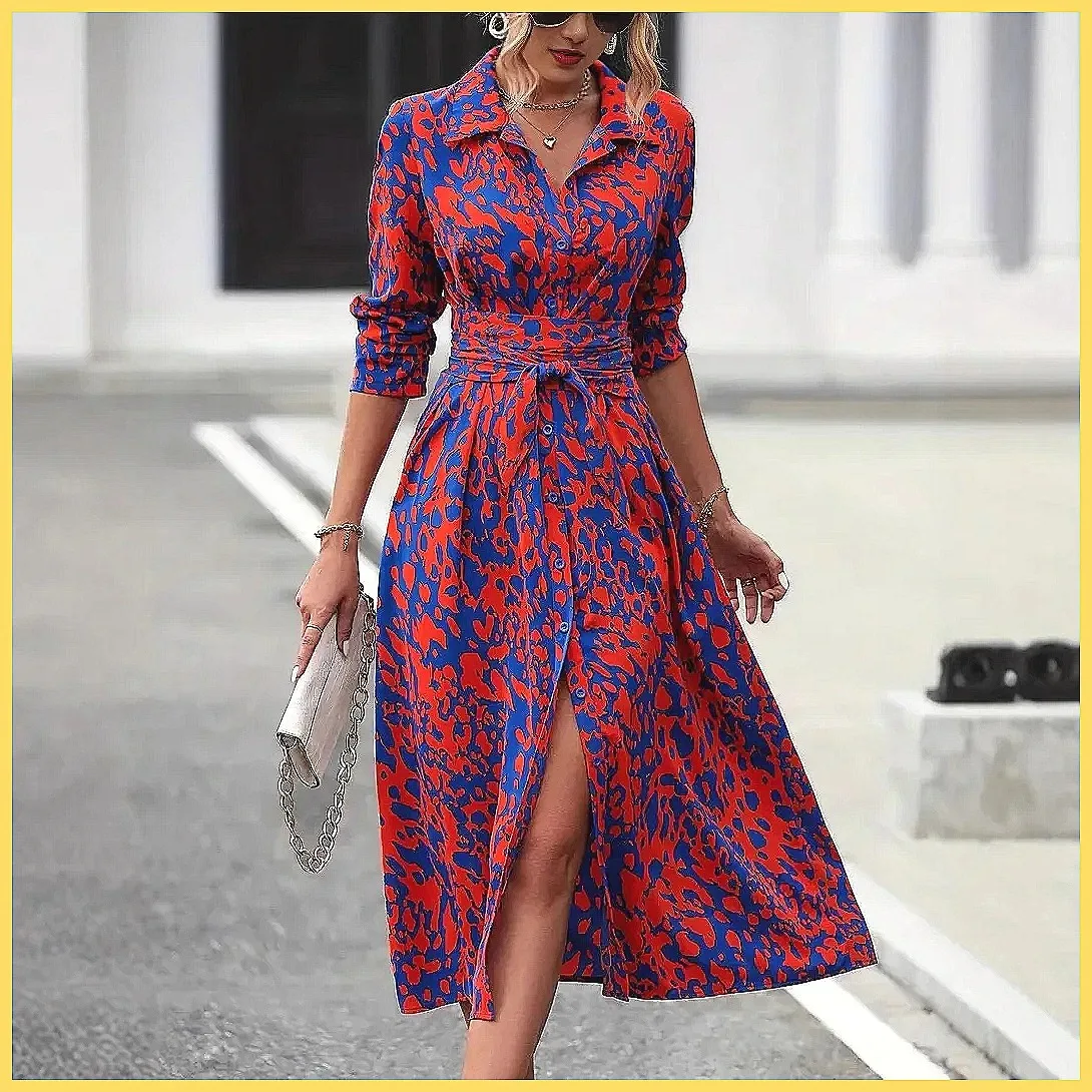 

Elegant 2026 Women's Maxi Dress Long Sleeve Lace-Up Collar Patchwork Party Dress