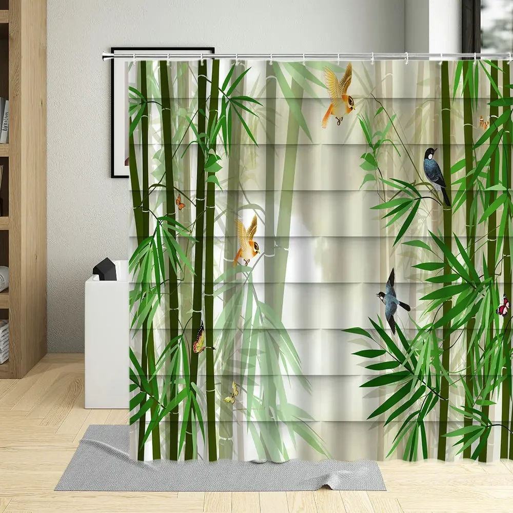 Bamboo Shower Curtain Bathroom Home Decor Green Plants Landscape Bath Curtains With Hooks Polyester Waterproof Fabric Washable