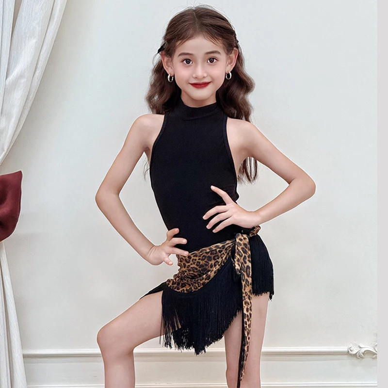 

2026 Leopard Latin Dance Dress For Girl Halter Black Fringe Dance Dress Children Performance Clothing Training Outfit VDL5020