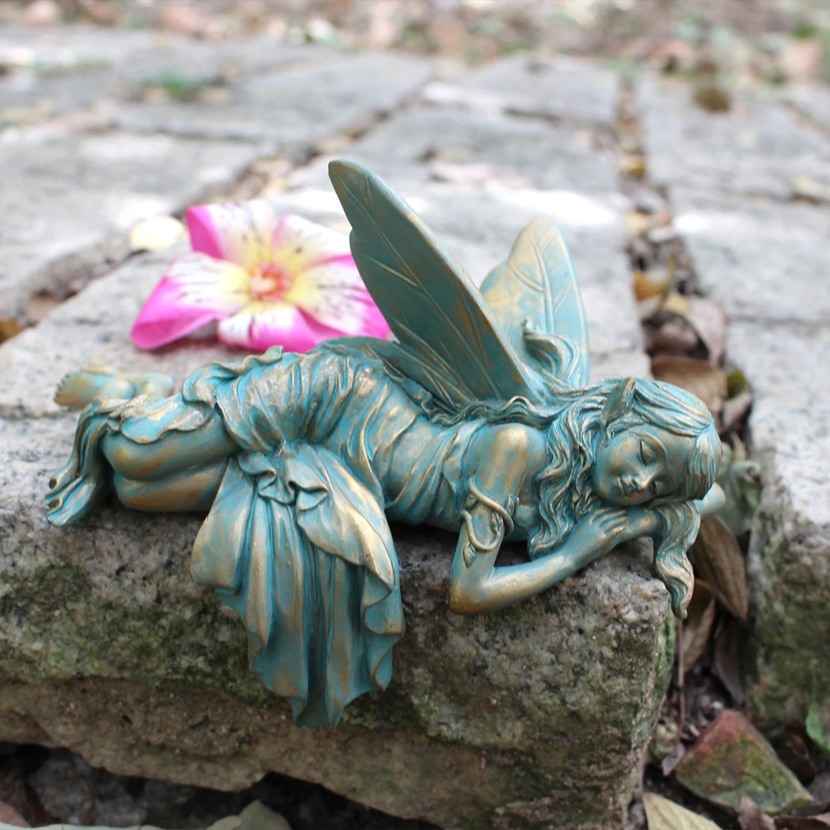 Kunstharz-Imitation Kupfer Schlafender Elf mit Flügeln, Geeignet für Schreibtisch, Innenhof, Rasen, Blumentopf, Valentinstagsgeschenk – Detail 3