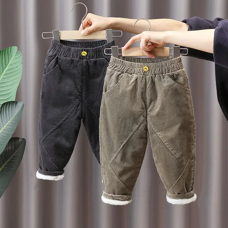 Winter Kids Fleece Thick Cargo Pants Boys Solid Corduroy Sweatpant 1-7Y Young Children Casual Clothes Autumn Girls Warm Leggings