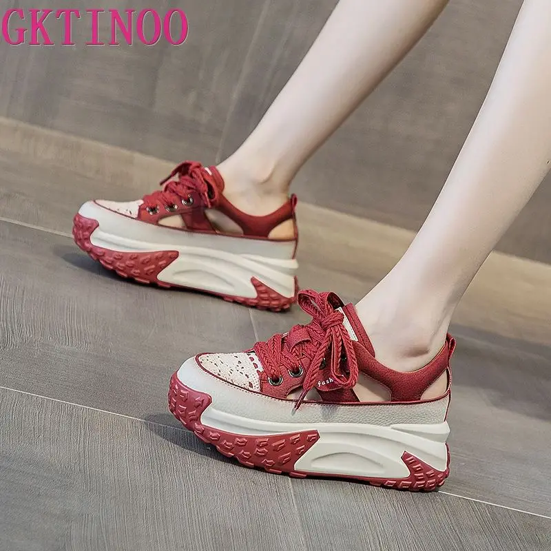 GKTINOO Genuine Leather Platform Wedges Comfy Fashion Lace Breathable Women Chunky Sneakers Summer Hollow Leisure Shoes