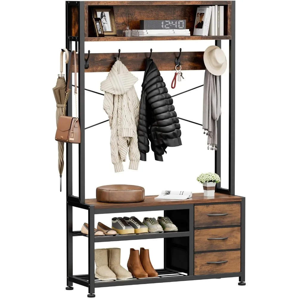 شجرة قاعة Lulive مع مقعد وتخزين الأحذية، حامل معطف 31.5 قائم بذاته مع رف تخزين من طبقتين، معطف مقعد 6 في 1 للمدخل