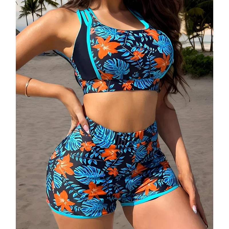 بدلة سباحة بكيني رياضية للسيدات موضة الأزهار المطبوعة سبليت عالية الخصر ملابس سباحة صيف 2025 بدلة استحمام نسائية غير رسمية جديدة ملابس بحر