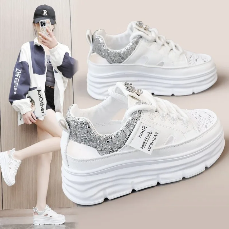 8CM Thick Bottom Women Sneakers New 2024 Spring Summer Lace-up Breathable Mesh Platform Sports Dad Shoes Zapatos De Mujer