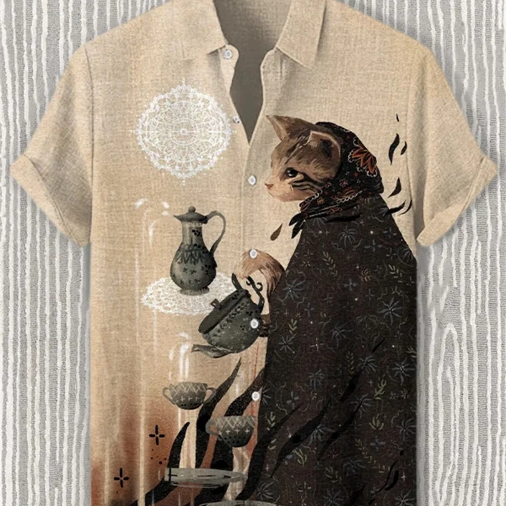 Men's plus Size Linen Shirt Short Sleeve Button up Collar Skull Print Street Trend Retro Hippie Breathable Fast Shipping