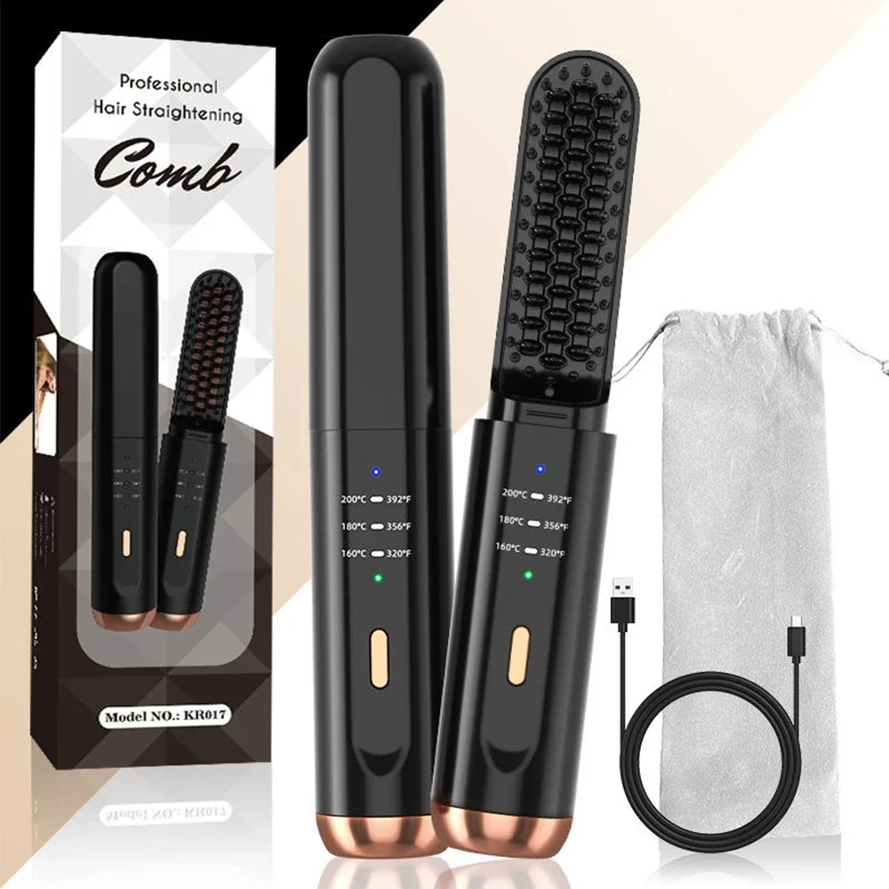 Cordless Beard Straightener for Men Portable Hair Straightener Brush Women Mini Electric Hair Brushes for Home Travel Hot Comb