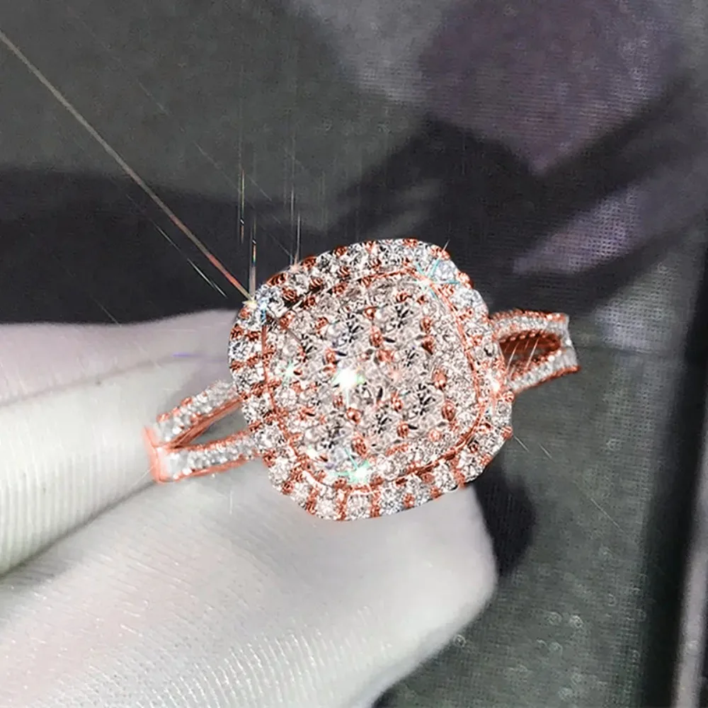 Luxury Classic Rose Gold Tone Full Pave 5A Zircon Square Double Halo Ring Split Shank Band for Women Engagement Wedding Jewelry