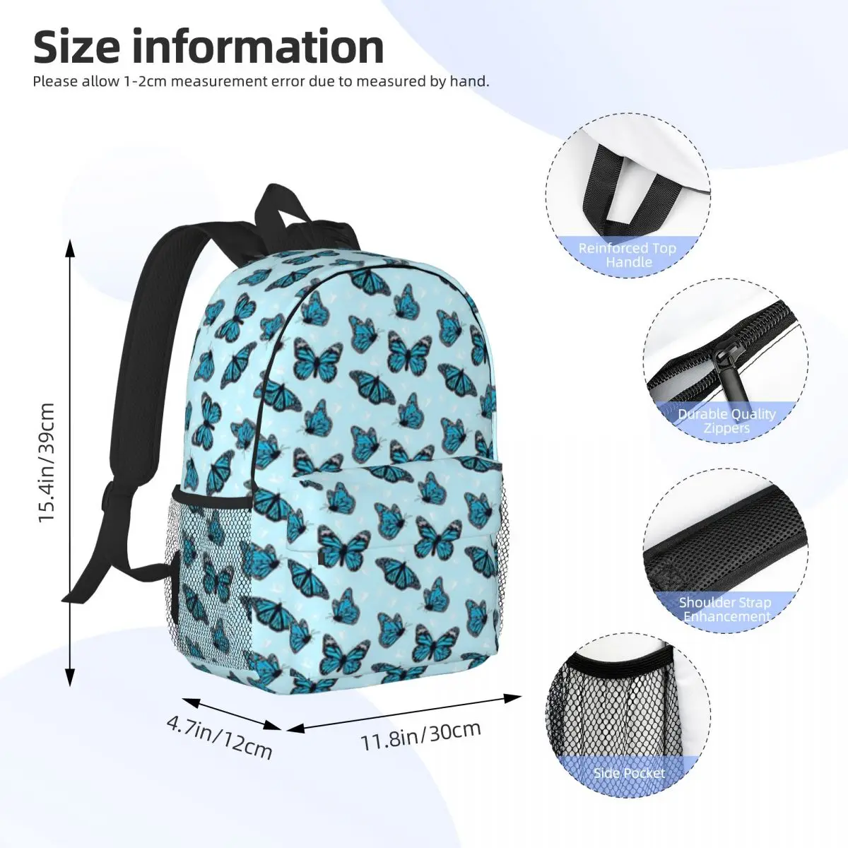 Bellissime farfalle blu nuovo zaino alla moda modello borsa da scuola stampa zaino leggero 15 pollici