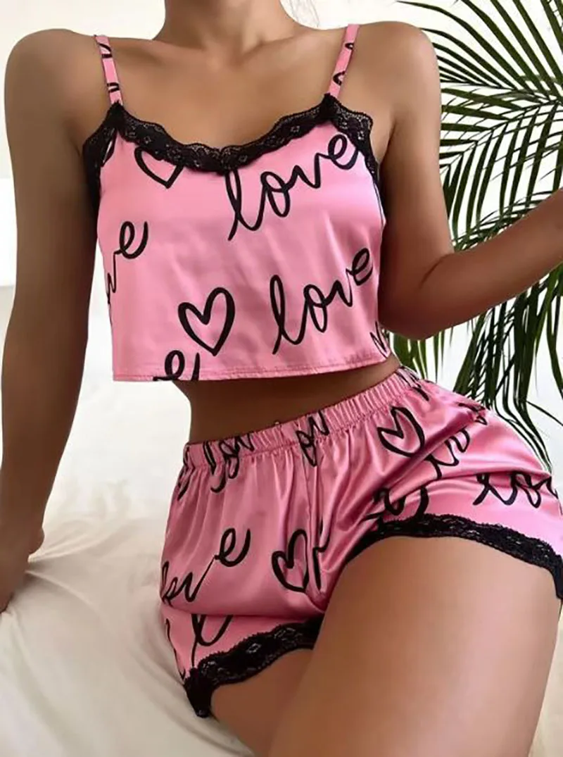 2023 Women\'s Sleep Lounge European American Pajama Sets Sexy Cute Print Pajamas Home Furnishings Fashion Lace Splicing Sling Set