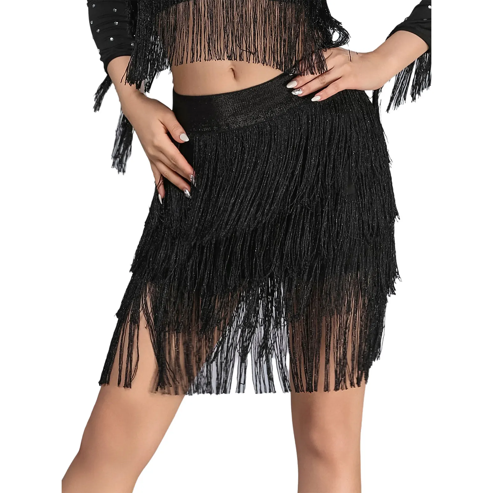 المرأة شرابة اللاتينية التانغو تنورة رقص لامعة مطاطا حزام المتدرج هامش سوينغ تنورة ل تشاتشا رومبا السامبا ملابس رقص