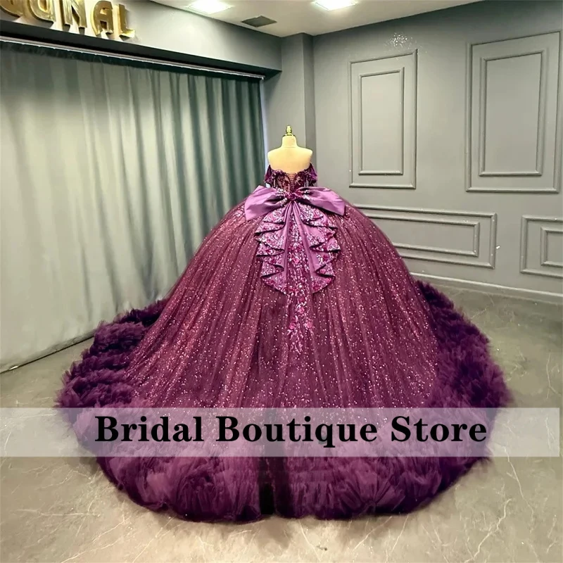 Classic Quinceanera Dresses Off the Shoulder Ruched Appliques Sweetheart Vestido De 15 Quinceaneras Morado Customized