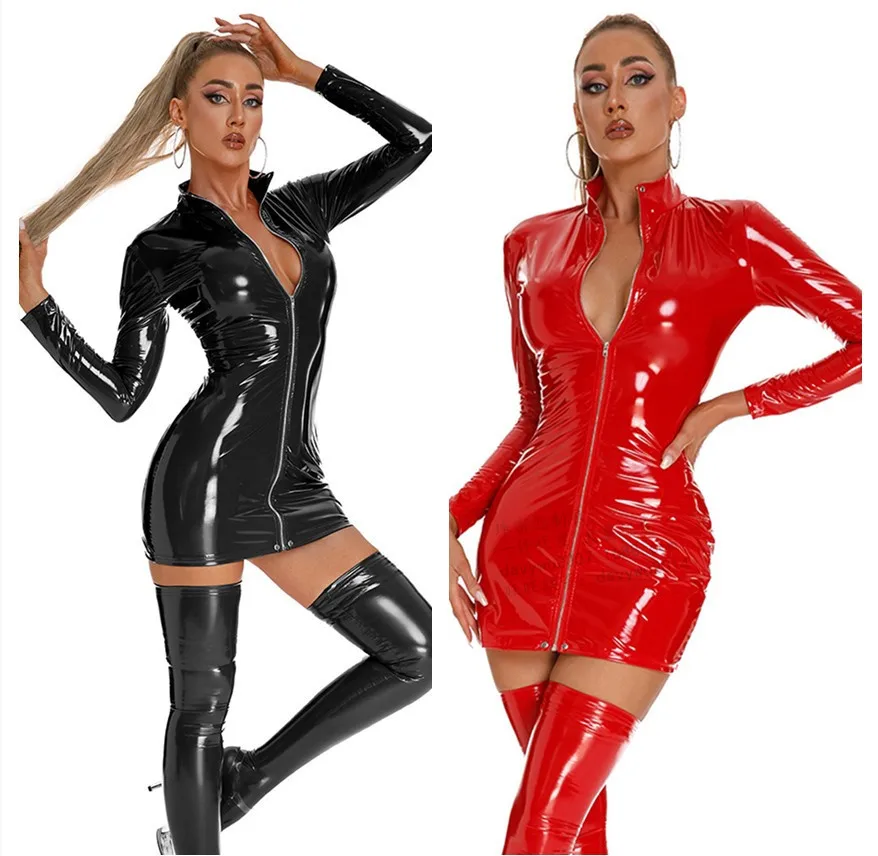 

Plus Size Costumes Women Sexy PU Leather Dress Crotchless Latex Sheath fetishism Dress Bodycon Erotic Lingerie Nightclub 18+