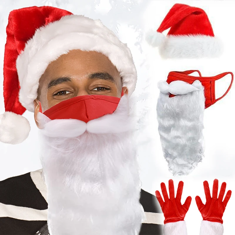 Xmas Funny Santa Claus Hat 3D Beard Masks Gloves Eyebrow Wmen Men Plush Thicken Cap Merry Christmas Party Festival Supplies