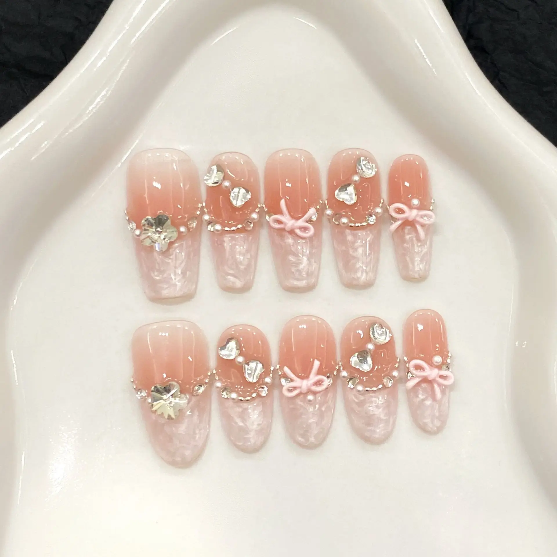 

10 PCS Luxury Handmade Press on Nails Middle Ballet Sticking drill Design with 3-PIECE Tool Adhesive Nail Glue Tabs
